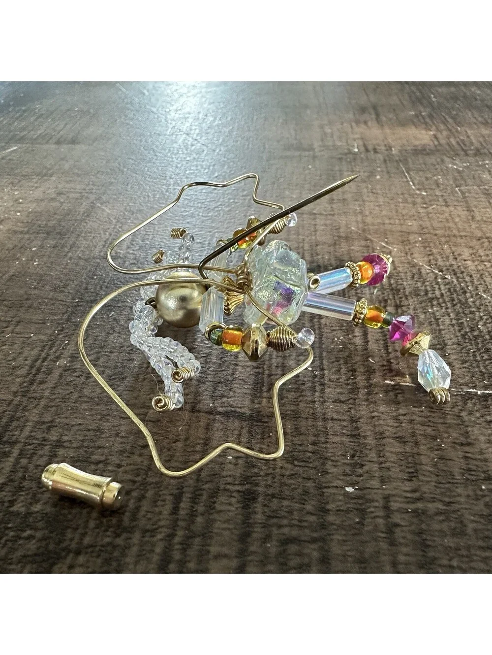 Handcrafted Wire Angel Brooch Pin Glass Crystal Bead Gold Tone Artisan OOAK